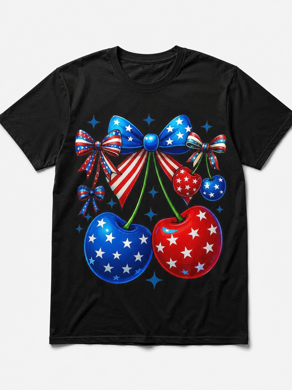 Adult Black T-Shirt with Red & Blue Star Cherries – Patriotic 4th of July Tee